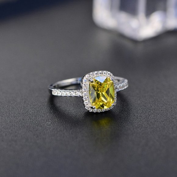 Citrine Rectangular Diamond Halo 925 Silver Ring - Picture 2 of 2